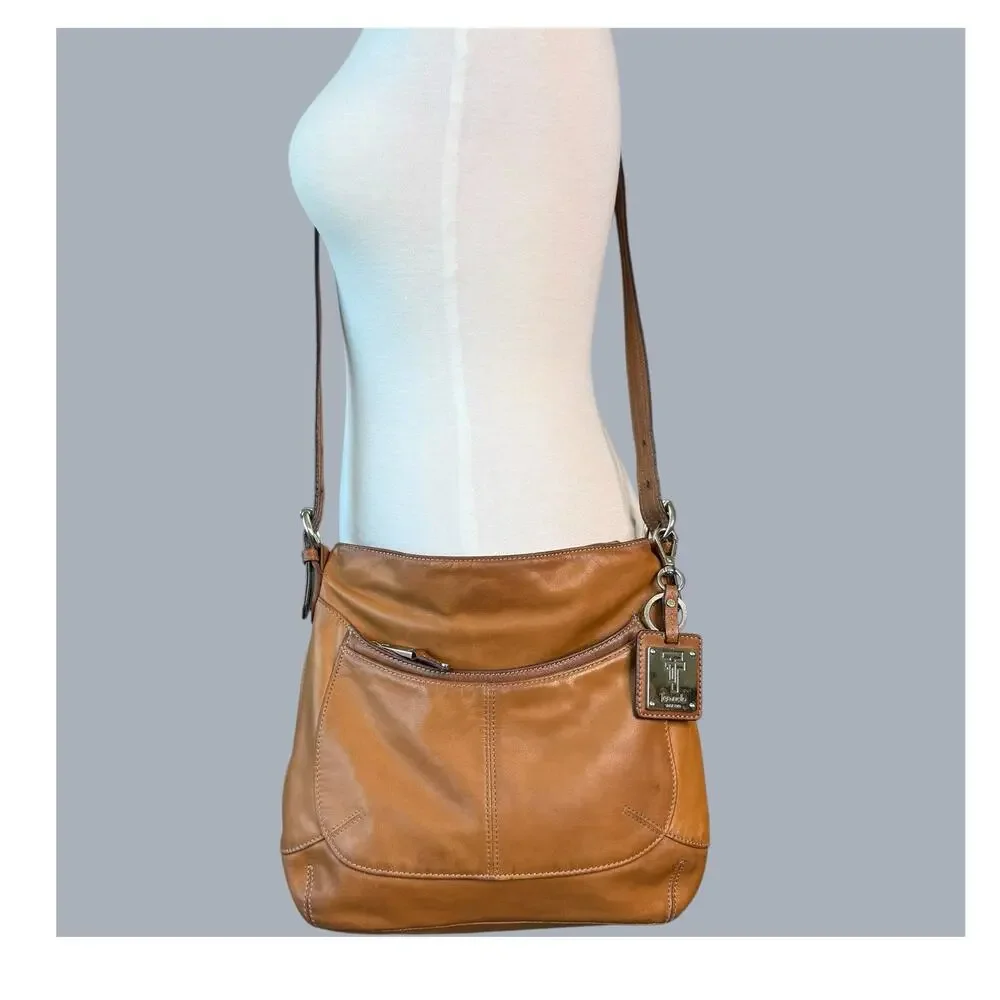 Tignanello Leather Crossbody Shoulder Bag Hobo Slouchy Tan Brown Multi Pockets